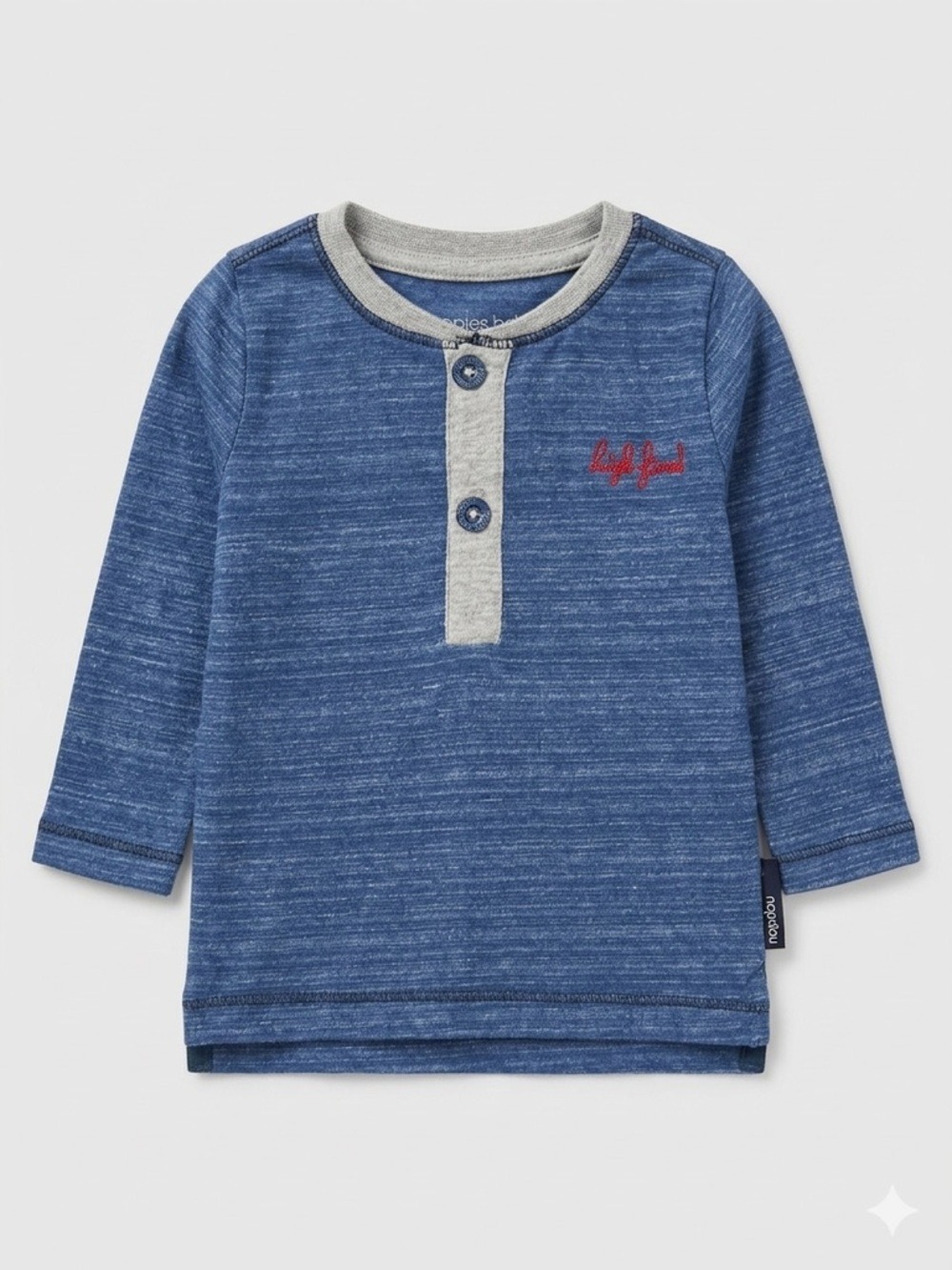 Noppies Blue Long-Sleeve Henley with Gray Placket and Red Embroidery